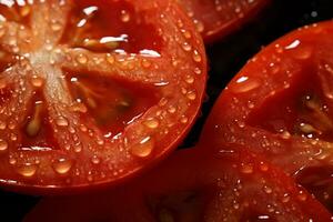 une proche en haut de tomates avec l'eau gouttelettes sur leur génératif ai photo