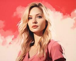 une numérique La peinture de une magnifique blond femme dans une rose chemise génératif ai photo