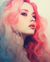 une numérique La peinture de une femme avec rose et bleu cheveux génératif ai photo