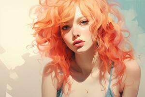 une numérique La peinture de un Orange aux cheveux femme génératif ai photo
