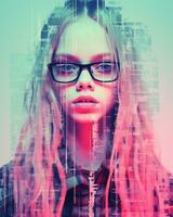 une fille avec des lunettes et longue cheveux dans de face de une bleu et rose Contexte génératif ai photo