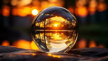 une verre Balle avec le Soleil réglage dans le Contexte génératif ai photo