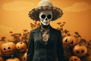 une Halloween squelette dans une costume et chapeau entouré par citrouilles génératif ai photo