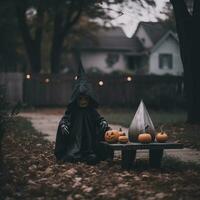 une Halloween sorcière séance sur une table avec citrouilles génératif ai photo