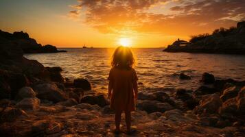 une peu fille permanent sur une rocheux plage à le coucher du soleil génératif ai photo