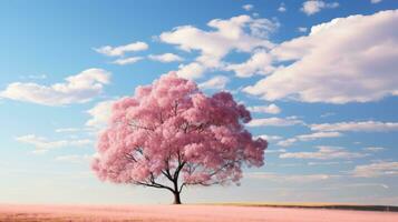 une seul rose arbre des stands dans le milieu de une champ génératif ai photo