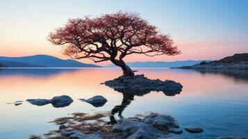 une seul arbre dans le milieu de une Lac à le coucher du soleil génératif ai photo