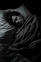 une homme est en train de dormir dans lit avec une couverture génératif ai photo
