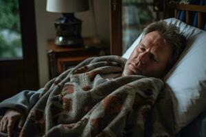 une homme est en train de dormir dans lit avec une couverture génératif ai photo