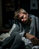 une homme en train de dormir dans lit avec une couverture enveloppé autour lui génératif ai photo