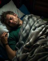 une homme en train de dormir dans une lit génératif ai photo