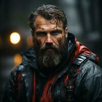 une homme avec une barbe et pluie veste permanent dans le pluie génératif ai photo