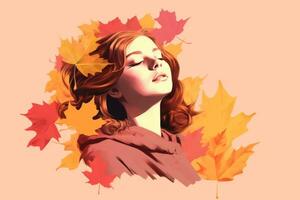 une La peinture de une femme avec l'automne feuilles sur sa tête génératif ai photo