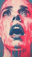 une La peinture de une femme avec du sang égouttage de sa visage génératif ai photo