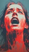 une La peinture de une femme avec du sang sur sa visage génératif ai photo