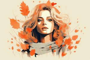 une La peinture de une femme avec Orange feuilles sur sa visage génératif ai photo