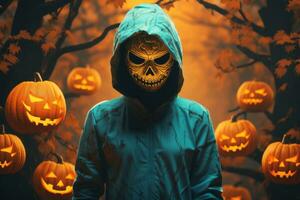 une la personne dans une sweat à capuche avec Halloween citrouilles dans le Contexte génératif ai photo