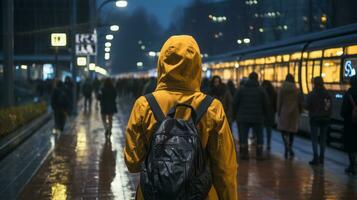 une la personne dans une Jaune pluie veste en marchant vers le bas une rue à nuit génératif ai photo
