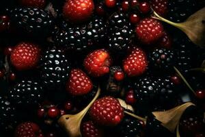 une pile de mûres et framboises sur une noir Contexte génératif ai photo