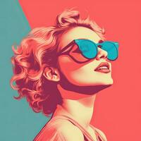 une pop art style illustration de une femme portant des lunettes de soleil génératif ai photo