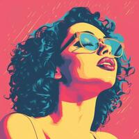 une pop art style illustration de une femme avec des lunettes génératif ai photo