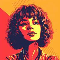 une pop art style illustration de une femme avec frisé cheveux génératif ai photo