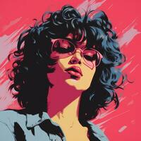 une pop art style illustration de une femme avec des lunettes génératif ai photo