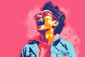 une pop art style illustration de une Jeune homme avec le sien bouche ouvert génératif ai photo