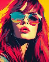 une pop art style portrait de une femme portant des lunettes de soleil génératif ai photo