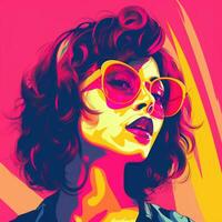 une pop art style portrait de une femme avec des lunettes de soleil génératif ai photo