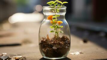 une petit plante dans une verre pot séance sur le sol génératif ai photo