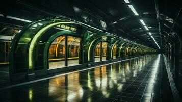 une métro station avec vert lumières sur le des murs génératif ai photo
