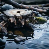 une arbre souche séance dans le l'eau suivant à certains rochers génératif ai photo