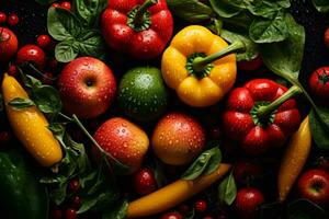une variété de coloré des fruits et des légumes sont arrangé sur une noir Contexte génératif ai photo