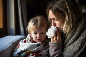 une femme et une enfant soufflant leur nez génératif ai photo