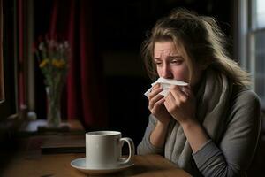une femme soufflant sa nez tandis que séance à une table avec une tasse de café génératif ai photo
