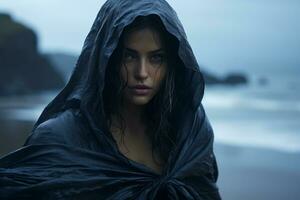 une femme dans une noir manteau permanent sur le plage génératif ai photo