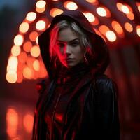 une femme dans une noir encapuchonné veste permanent dans de face de rouge lumières génératif ai photo