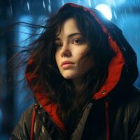 une femme dans une noir veste et rouge sweat à capuche dans le pluie génératif ai photo