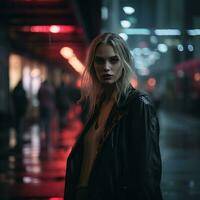 une femme dans une noir cuir veste permanent dans le pluie à nuit génératif ai photo