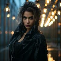 une femme dans une noir cuir veste permanent dans le pluie génératif ai photo