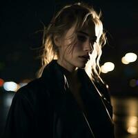 une femme dans une noir cuir veste permanent dans le rue à nuit génératif ai photo