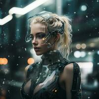 une femme dans une futuriste costume permanent dans le pluie génératif ai photo