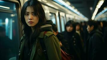une femme dans une vert veste permanent sur une métro train génératif ai photo