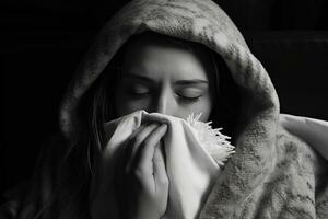 une femme dans une sweat à capuche est soufflant sa nez génératif ai photo