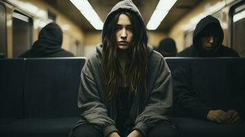 une femme dans une sweat à capuche séance sur une métro train génératif ai photo