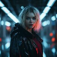 une femme dans une imperméable permanent dans une foncé tunnel avec néon lumières génératif ai photo