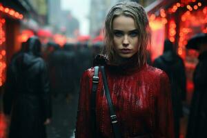 une femme dans une rouge robe permanent dans le pluie génératif ai photo