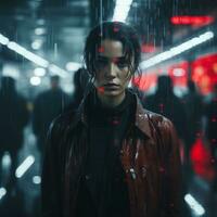 une femme dans une rouge veste permanent dans le pluie génératif ai photo