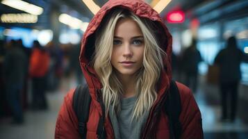 une femme dans une rouge veste permanent dans un aéroport génératif ai photo